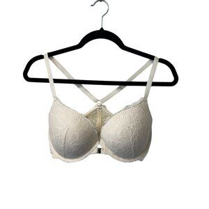 AUDEN PUSH UP BRA FRONT CLASP RACERBACK DEMI COVERAGE WHITE LACE WOMEN'S 34DD